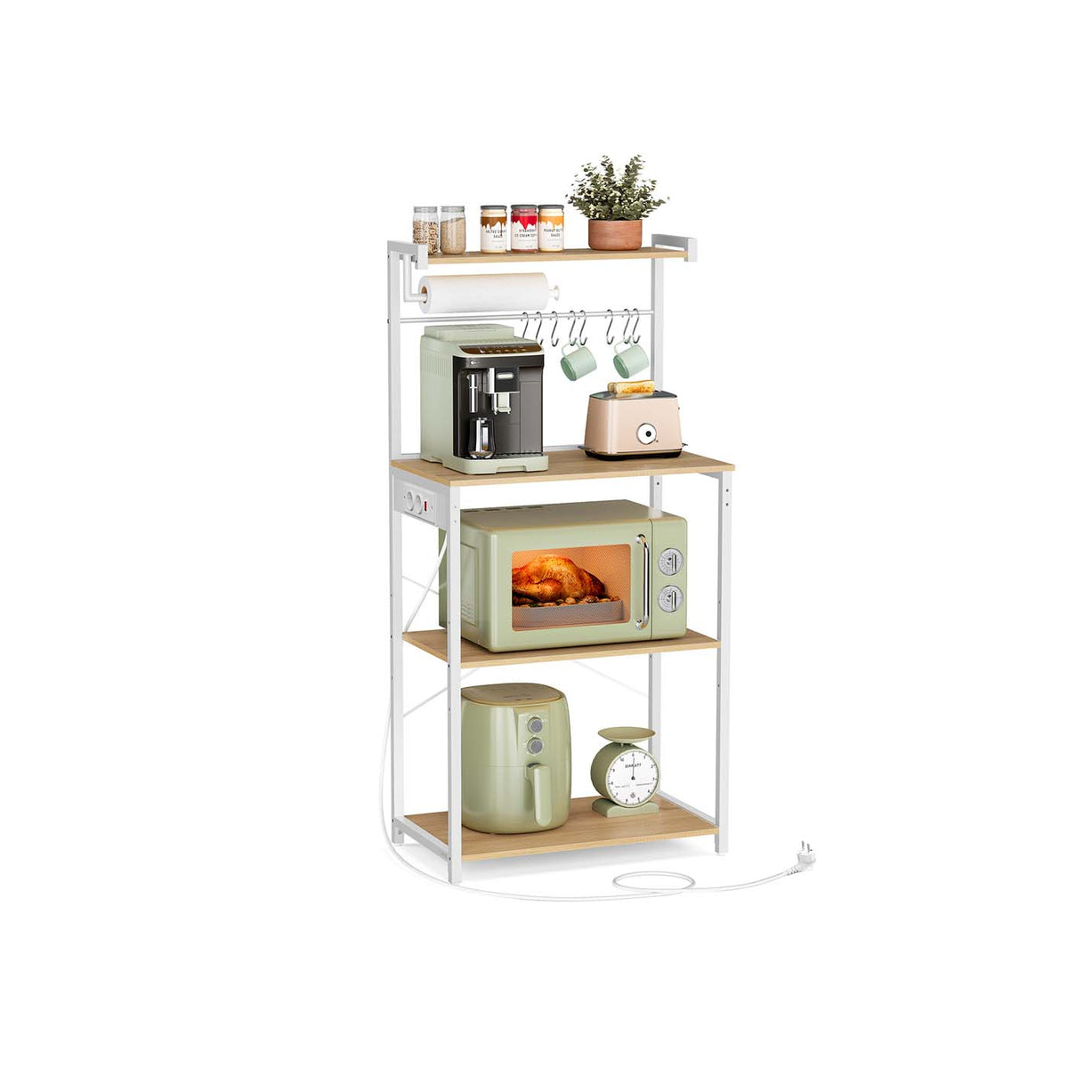 Scaffale Da Cucina Con Prese Di Corrente, Tavolo Bar Con 5 Ripiani E 10 Ganci A Forma Di S Marrone Rustico