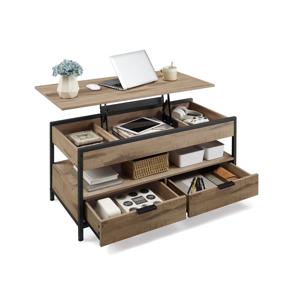 ONBRILL Tavolino Da Salotto Con Piano Rialzabile E Vano Nascosto – Stile Mid-Century In Legno Di Quercia Naturale - 4