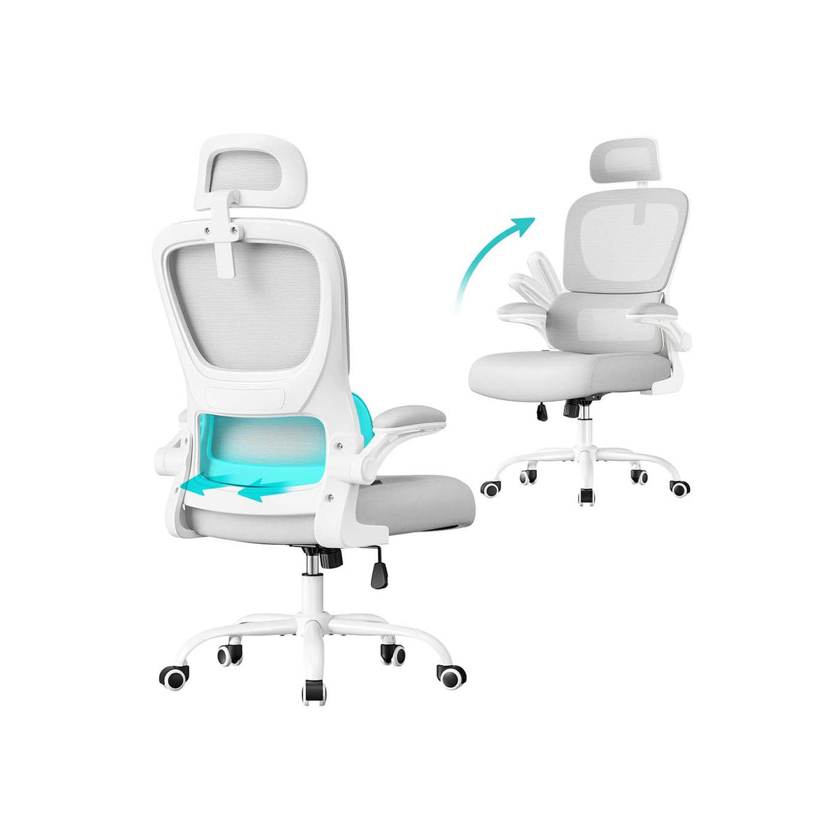 SONGMICS Sedia Ergonomica Ufficio In Grigio Tortora – Schienale In Rete, Braccioli Ribaltabili, Poggiatesta Regolabile - 4