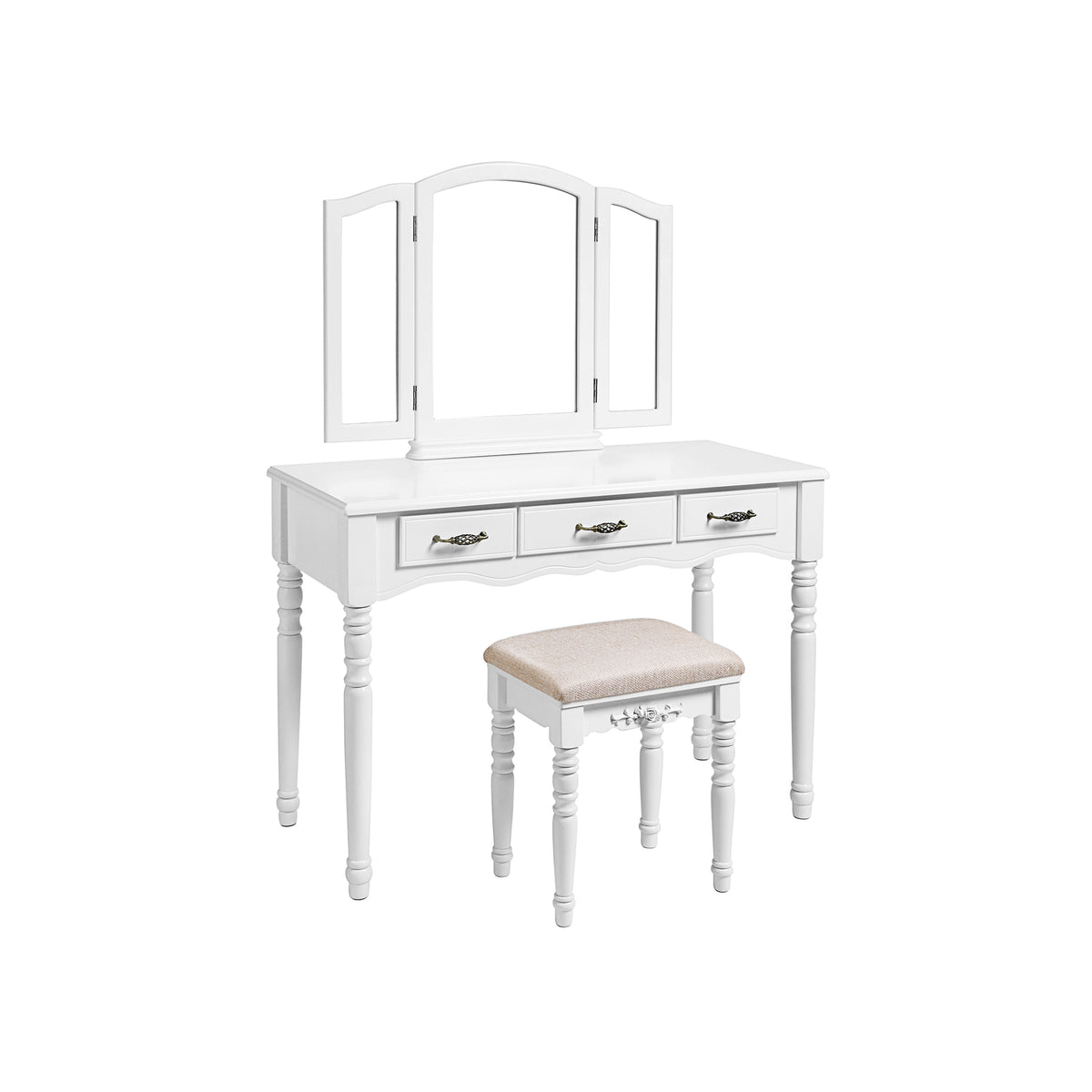 Toeletta Trucco SONGMICS Con Specchio - Tavolo Con 4 Cassetti E Sgabello, Stile Vittoriano, Bianco - Foto 1