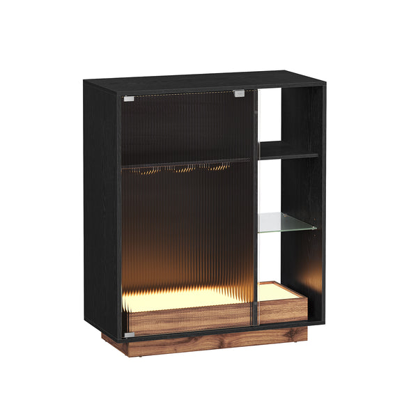 Mobiletto Bar per Salotto con Luce LED Anta in Vetro Scanalato Nero Ebano