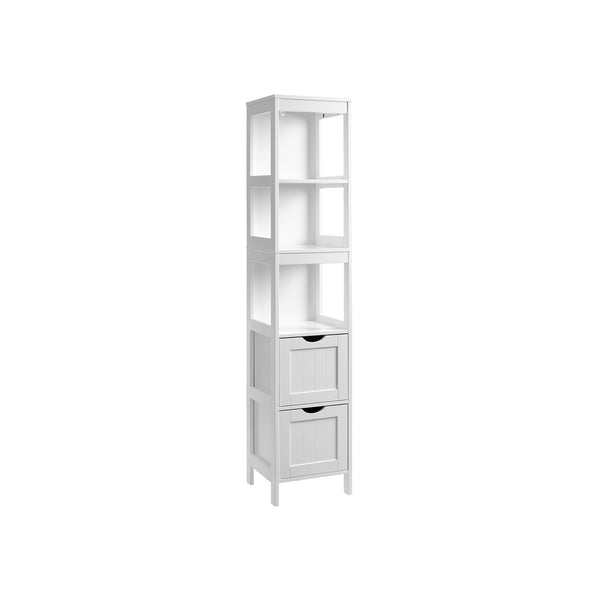 Mobile Alto Armadietto da Bagno con 2 Cassetti e 3 Scomparti Aperti Bianco