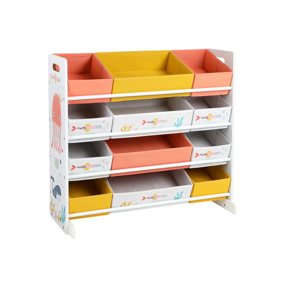 Scaffale per Giocattoli e Libri con 12 Contenitori in Tessuto Multiuso Bianco