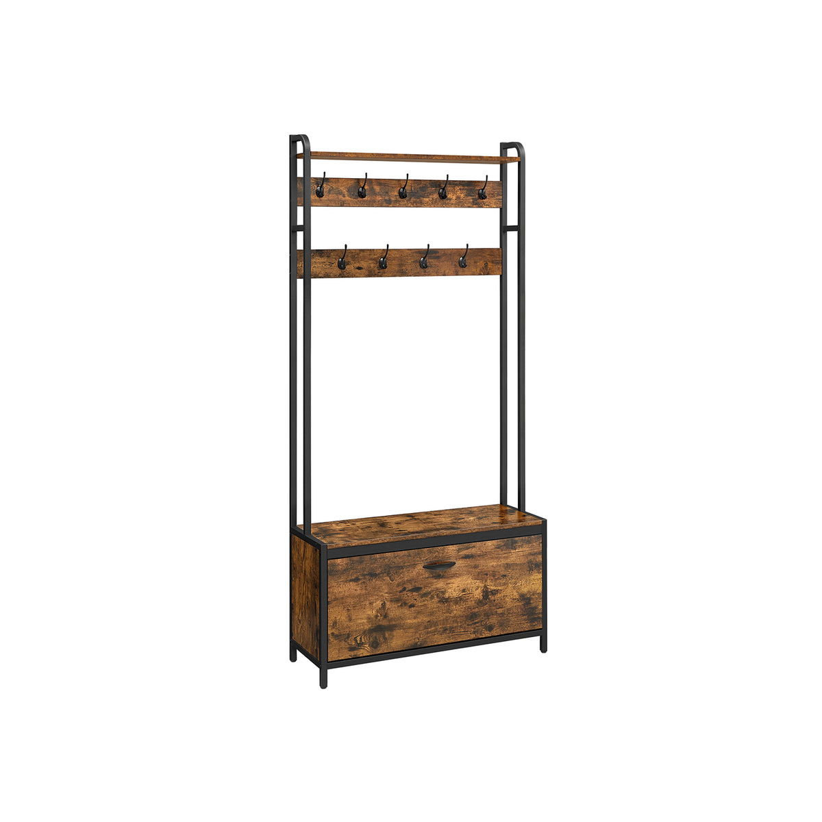 Appendiabiti A Colonna Industriale 177.5 Cm Con Panca E Scarpiera A 2 Livelli – 8 Ganci Removibili, Struttura In Legno E Metallo, Per Ingresso E Corridoio