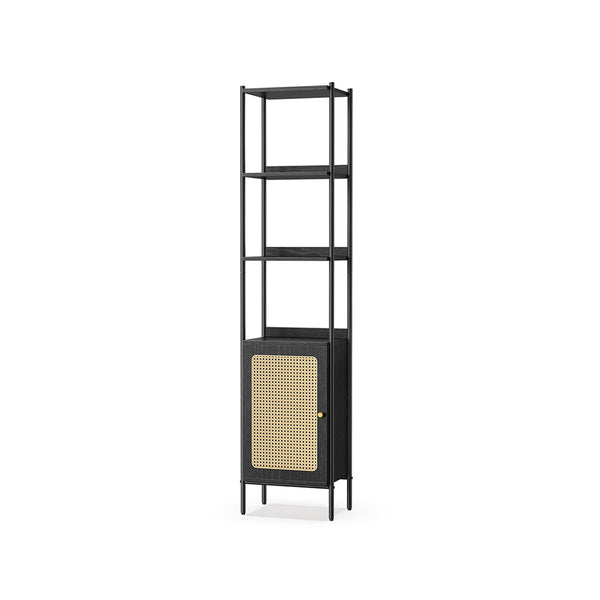 Libreria Scaffale a 6 Ripiani Anta Simil Rattan Boho Beige Rovere e Nero Opaco