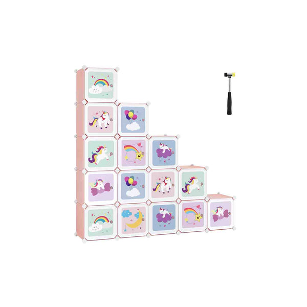 Armadio Cameretta a 16 Cubi con Ante in Plastica 123 x 31 x 123 cm Rosa