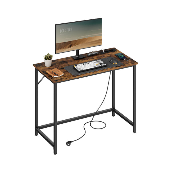 Scrivania con Luci LED e Ciabatta Integrata Marrone Vintage e Nero