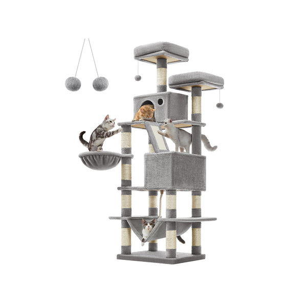 Albero Tiragraffi per Gatti 168 cm con Pali Graffiatoi in Peluche Grigio Chiaro