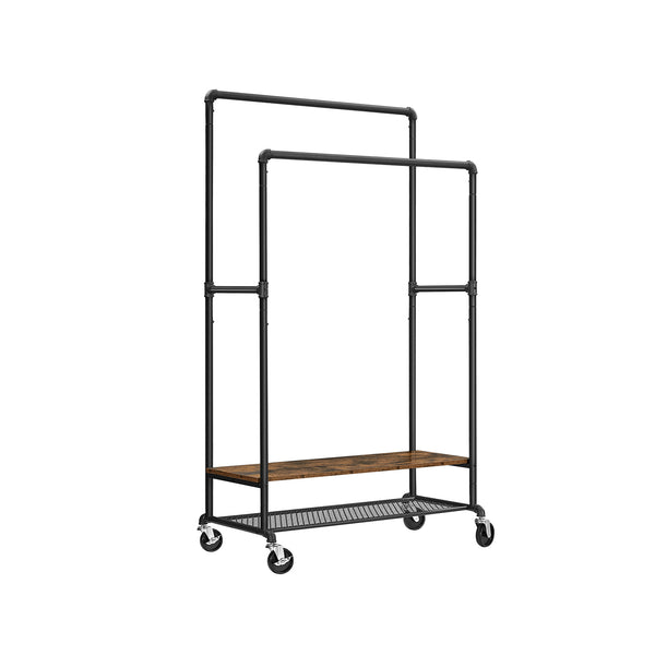 Appendiabiti Doppia Barra con Ruote Ripiano Portascarpe Marrone Vintage e Nero