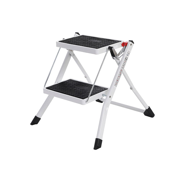 Scaletta a 2 Gradini Antiscivolo Pieghevole da 150 kg in Acciaio Bianco e Nero