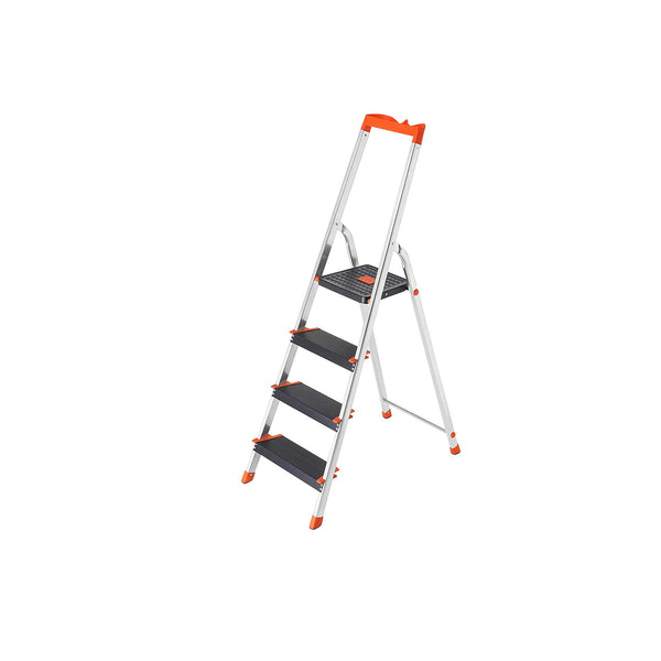 Scaletta a 4 Gradini Antiscivolo Pieghevole da 150 kg in Lega Nero e Arancione