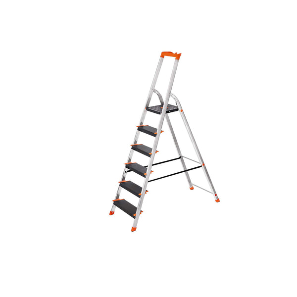 Scaletta a 6 Gradini Antiscivolo Pieghevole da 150 kg in Lega Nero e Arancione
