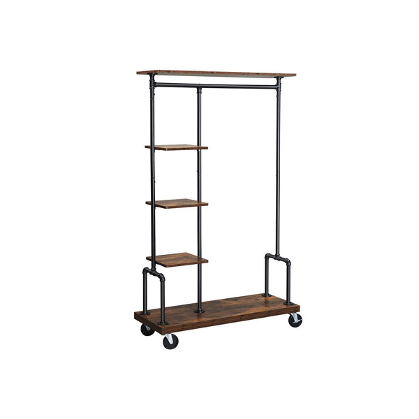 Stand Appendiabiti a 5 Ripiani Ruote Struttura a Tubo Metallico Marrone Vintage