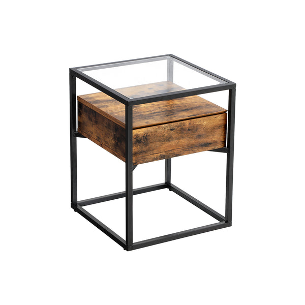 Tavolino Lato Divano con Piano in Vetro e Cassetto Marrone Vintage e Nero